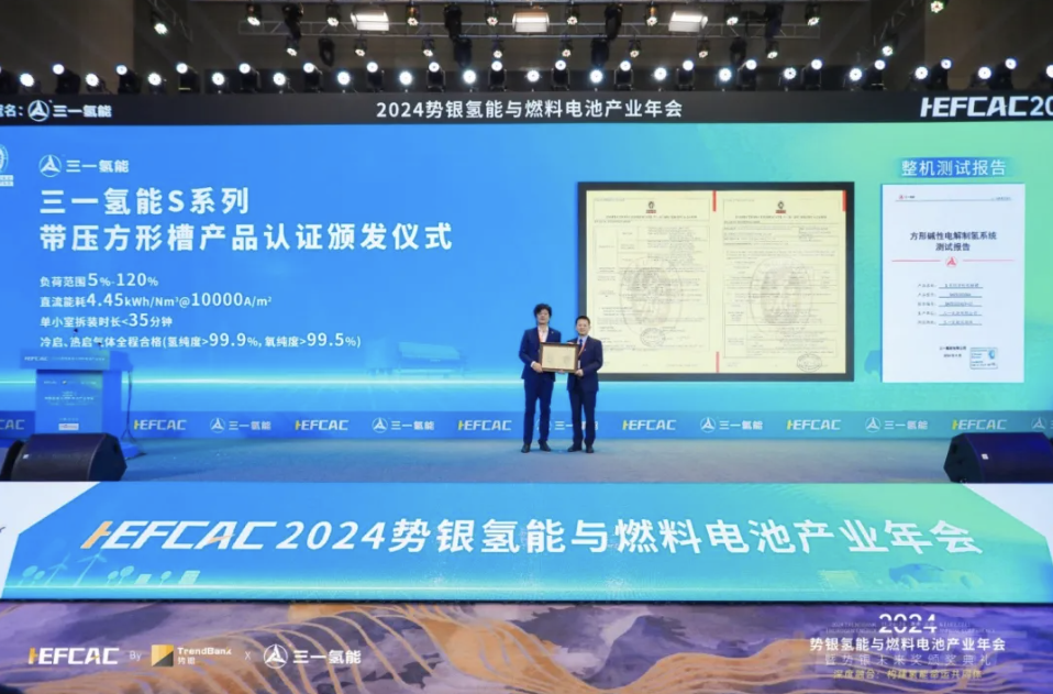 必维集团为三一氢能授予方形碱性电解制氢系统检验证书